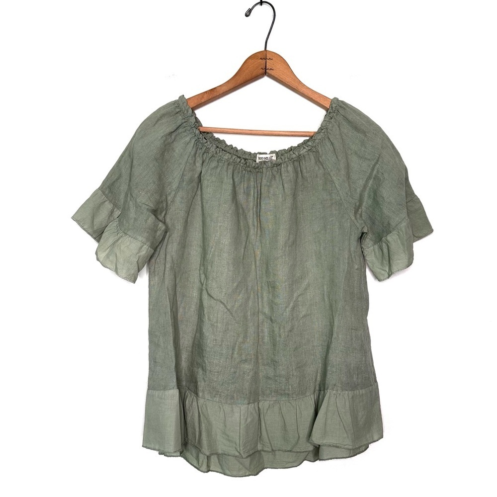 Terzo Millennio | Sage Green Linen Peasant Off Shoulder Ruffle Blouse Size Small